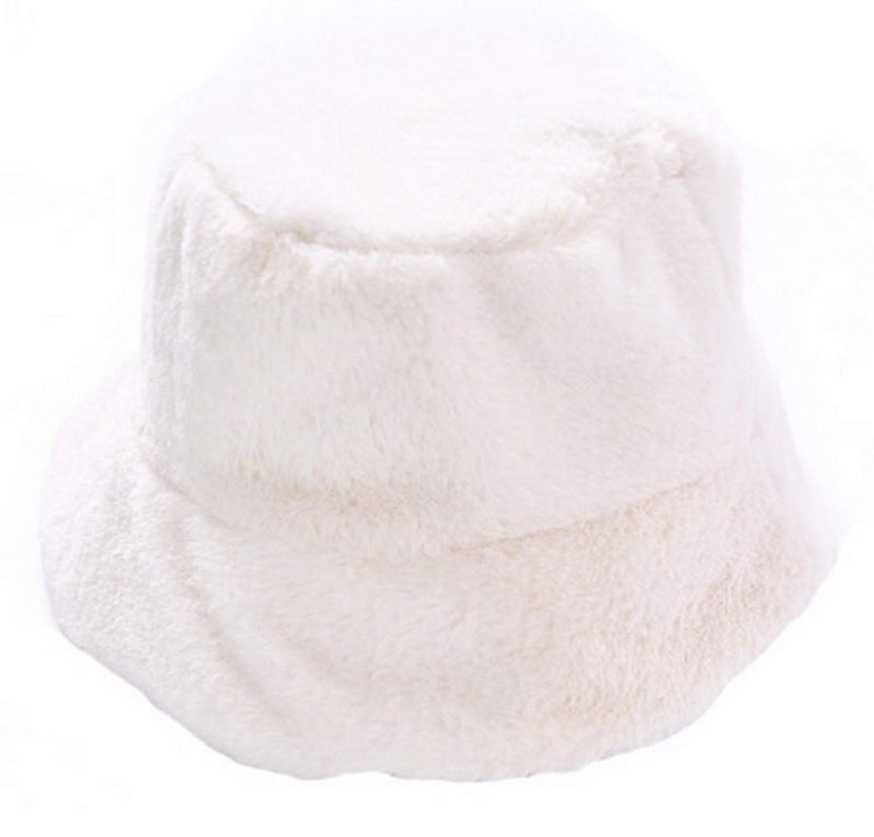 Brcus Women Winter Plush Bucket Hat Warm Solid Color Faux Fur Fisherman Cap White - Image 2